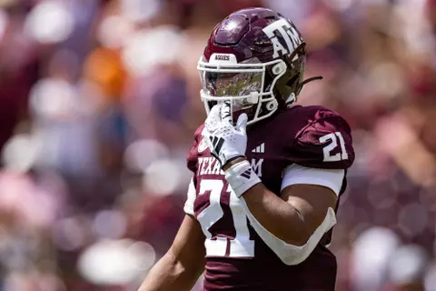 COLLEGE STATION, TX - September 23, 2023 - Linebacker Taurean York #21 of the Texas A&M Aggies during the Football game between the Auburn Tigers and the Texas A&M Aggies at Kyle Field in College Station, TX. Photo By Craig Bisacre/Texas A&M Athletics