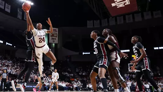 COLLEGE STATION, TX - January 21, 2024 - Guard Sahara Jones #24 of the Texas A&M Aggies during the game between the South Carolina Gamecocks and the Texas A&M Aggies at Reed Arena in College Station, TX. Photo By Ethan Mito/Texas A&M Athletics