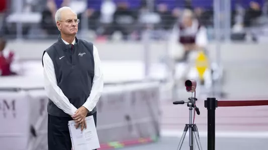 COLLEGE STATION, TX - January 13, 2024 - Head Coach Pat Henry of the Texas A&M Aggies during the McFerrin-12 Degree Invitational at R.A. "Murray" Fasken '38 Indoor Track in College Station, TX. Photo By Evan Pilat/Texas A&M Athletics