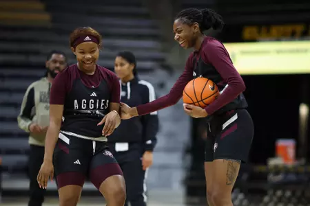 COLUMBIA, MO - January 25, 2024 - Guard Sol Williams #15 of the Texas A&M Aggies and Guard Sahara Jones #24 of the Texas A&M Aggies during the game between the Missouri Tigers and the Texas A&M Aggies at Mizzou Arena in Columbia, MO. Photo By Ethan Mito/Texas A&M Athletics