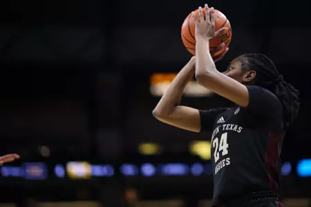 COLUMBIA, MO - January 25, 2024 - Guard Sahara Jones #24 of the Texas A&M Aggies during the game between the Missouri Tigers and the Texas A&M Aggies at Mizzou Arena in Columbia, MO. Photo By Ethan Mito/Texas A&M Athletics