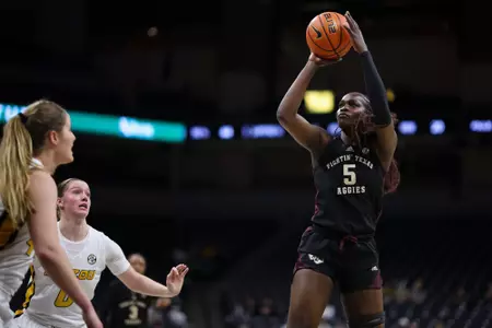 COLUMBIA, MO - January 25, 2024 - Guard Aicha Coulibaly #5 of the Texas A&M Aggies during the game between the Missouri Tigers and the Texas A&M Aggies at Mizzou Arena in Columbia, MO. Photo By Ethan Mito/Texas A&M Athletics