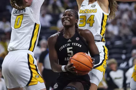 COLUMBIA, MO - January 25, 2024 - Guard Aicha Coulibaly #5 of the Texas A&M Aggies during the game between the Missouri Tigers and the Texas A&M Aggies at Mizzou Arena in Columbia, MO. Photo By Ethan Mito/Texas A&M Athletics