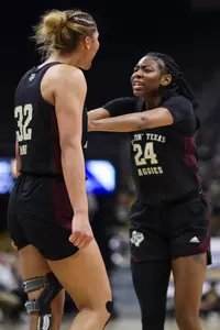 COLUMBIA, MO - January 25, 2024 - Forward Lauren Ware #32 of the Texas A&M Aggies and Guard Sahara Jones #24 of the Texas A&M Aggies during the game between the Missouri Tigers and the Texas A&M Aggies at Mizzou Arena in Columbia, MO. Photo By Ethan Mito/Texas A&M Athletics