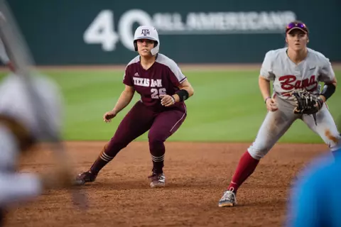 COLLEGE STATION, TX - April 23, 2022 - Infielder Trinity Cannon #26 of the Texas A&M Aggies during the Softball game between the Alabama Crimson Tide and the Texas A&M Aggies at Davis Diamond in College Station, TX. Photo By Craig Bisacre/Texas A&M Athletics