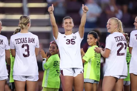 COLLEGE STATION, TX - August 24, 2024 - Forward Allison Lowrey #35 of the Texas A&M Aggies during the game between the Fairfield Stags and the Texas A&M Aggies at Ellis Field in College Station, TX. Photo By Ethan Mito/Texas A&M Athletics