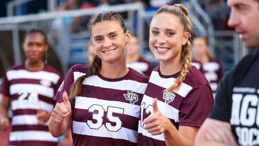 NEW BRITAIN, CT - September 12, 2024 - Forward Allison Lowrey #35 of the Texas A&M Aggies and Midfielder Reese Rupe #12 of the Texas A&M Aggies during the game between the Central Connecticut State Blue Devils and the Texas A&M Aggies at CCSU Soccer Field in New Britain, CT. Photo By Ethan Mito/Texas A&M Athletics