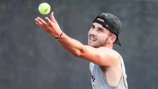 COLLEGE STATION, TX - May 03, 2024 - Luke Casper of the Texas A&M Aggies during the game between the Rice Owls and the Texas A&M Aggies at Mitchell Tennis Center in College Station, TX. Photo By Ishika Samant/Texas A&M Athletics