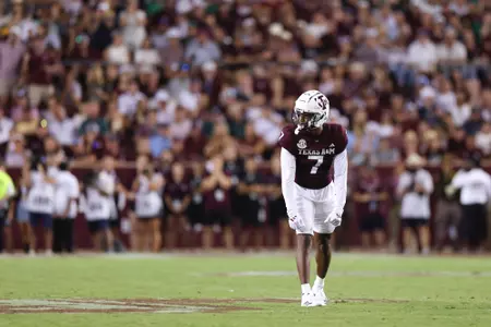 COLLEGE STATION, TX - August 31, 2024 - Wide receiver Moose Muhammad III #7 of the Texas A&M Aggies during the game between the Notre Dame Fighting Irish and the Texas A&M Aggies at Kyle Field in College Station, TX. Photo By Evan Pilat/Texas A&M Athletics