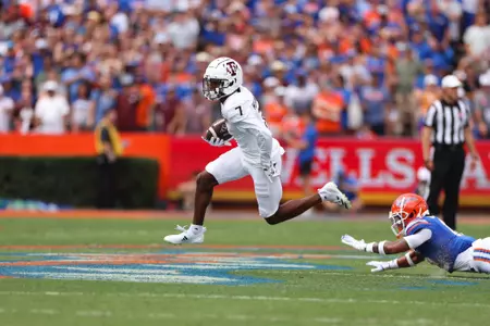 GAINESVILLE, FL - September 14, 2024 - Wide receiver Moose Muhammad III #7 of the Texas A&M Aggies during the game between the Florida Gators and the Texas A&M Aggies at Ben Hill Griffin Stadium in Gainesville, FL. Photo By Evan Pilat