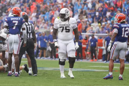GAINESVILLE, FL - September 14, 2024 - Offensive lineman Kam Dewberry #75 of the Texas A&M Aggies during the game between the Florida Gators and the Texas A&M Aggies at Ben Hill Griffin Stadium in Gainesville, FL. Photo By Evan Pilat