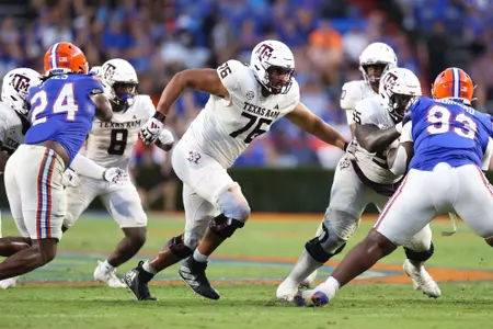 GAINESVILLE, FL - September 14, 2024 - Offensive lineman Reuben Fatheree II #76 of the Texas A&M Aggies during the game between the Florida Gators and the Texas A&M Aggies at Ben Hill Griffin Stadium in Gainesville, FL. Photo By Evan Pilat