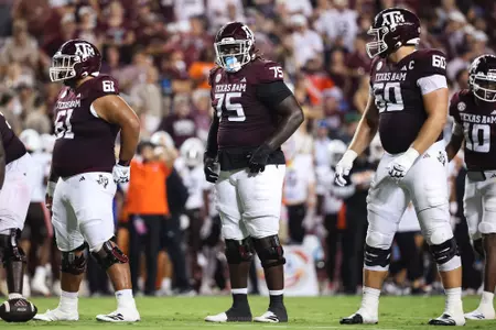 COLLEGE STATION, TX - September 21, 2024 - Offensive lineman Kam Dewberry #75 of the Texas A&M Aggies during the game between the Bowling Green Falcons and the Texas A&M Aggies at Kyle Field in College Station, TX. Photo By Ethan Mito/Texas A&M Athletics