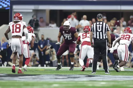 Arlington, Texas - September 28, 2024 - Offensive lineman Reuben Fatheree II #76 of the Texas A&M Aggies during the game between the Arkansas Razorbacks and the Texas A&M Aggies at AT&T Stadium in Arlington, Texas. Photo By Evan Pilat/Texas A&M Athletics