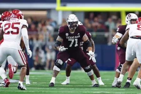 Arlington, Texas - September 28, 2024 - Offensive lineman Chase Bisontis #71 of the Texas A&M Aggies during the game between the Arkansas Razorbacks and the Texas A&M Aggies at AT&T Stadium in Arlington, Texas. Photo By Evan Pilat/Texas A&M Athletics