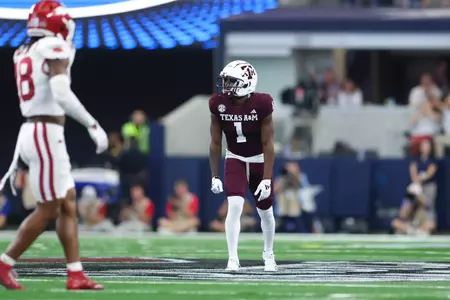 Arlington, Texas - September 28, 2024 - Wide receiver Jabre Barber #1 of the Texas A&M Aggies during the game between the Arkansas Razorbacks and the Texas A&M Aggies at AT&T Stadium in Arlington, Texas. Photo By Evan Pilat/Texas A&M Athletics