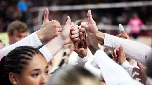 COLLEGE STATION, TX - October 20, 2024 - Texas A&M Aggies Volleyball Team during the game between the Arkansas Razorbacks and the Texas A&M Aggies at Reed Arena in College Station, TX. Photo By Wesley Bowers/Texas A&M Athletics