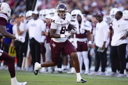 STARKVILLE, MS - October 19, 2024 - Tight end Tre Watson #84 of the Texas A&M Aggies during the game between the Mississippi St. Bulldogs and the Texas A&M Aggies at Davis Wade Stadium in Starkville, MS. Photo By Evan Pilat