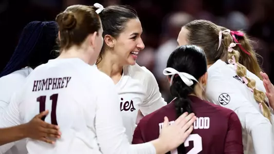 COLLEGE STATION, TX - October 20, 2024 - Opposite Hitter Logan Lednicky #9 of the Texas A&M Aggies during the game between the Arkansas Razorbacks and the Texas A&M Aggies at Reed Arena in College Station, TX. Photo By Wesley Bowers/Texas A&M Athletics