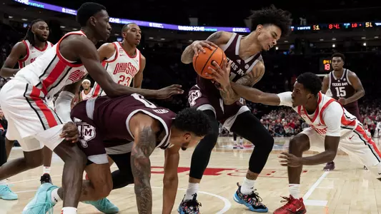 COLUMBUS, OH - November 10, 2023 - Forward Andersson Garcia #11 of the Texas A&M Aggies during the Men's Basketball game between the Ohio State Buckeyes and the Texas A&M Aggies at Value City Arena in Columbus, OH. Photo By Craig Bisacre/Texas A&M Athletics