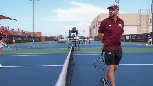 STILLWATER, OK - May 19, 2024 - Head Coach Mark Weaver of the Texas A&M Aggies during the NCAA Championship game between the Georgia Bulldogs and the Texas A&M Aggies at Greenwood Tennis Center in Stillwater, Oklahoma. Photo By Ishika Samant/Texas A&M Athletics