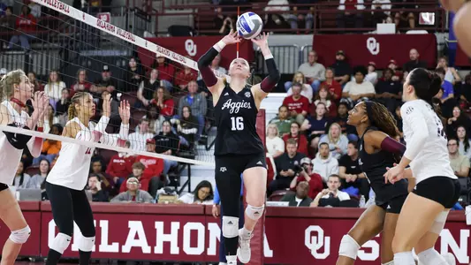 NORMAN, OK - November 13, 2024 - Setter Maddie Waak #16 of the Texas A&M Aggies during the game between the Oklahoma Sooners and the Texas A&M Aggies at McCasland Field House in Norman, OK. Photo By Evan Pilat