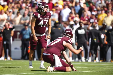 COLLEGE STATION, TX - October 05, 2024 - Place kicker Randy Bond #47 of the Texas A&M Aggies during the game between the Missouri Tigers and the Texas A&M Aggies at Kyle Field in College Station, TX. Photo By Ethan Mito/Texas A&M Athletics