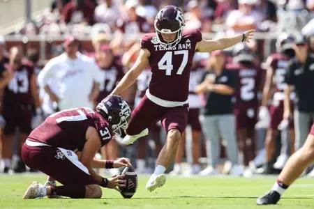 COLLEGE STATION, TX - October 05, 2024 - Place kicker Randy Bond #47 of the Texas A&M Aggies during the game between the Missouri Tigers and the Texas A&M Aggies at Kyle Field in College Station, TX. Photo By Rachel Mahan/Texas A&M Athletics