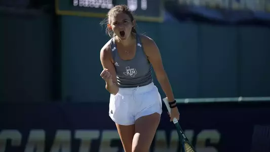 Nicole Khirin celebrates winning a point in the 2024-25 NCAA Singles Championship Third Round
