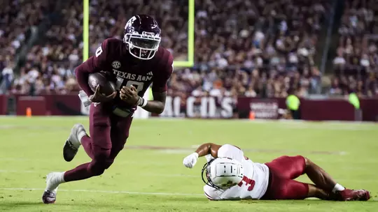 COLLEGE STATION, TX - November 16, 2024 - Quarterback Marcel Reed #10 of the Texas A&M Aggies during the game between the New Mexico State Aggies and the Texas A&M Aggies at Kyle Field in College Station, TX. Photo By Julianne Shivers/Texas A&M Athletics