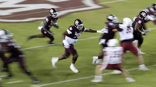 COLLEGE STATION, TX - November 16, 2024 - Running back EJ Smith #22 of the Texas A&M Aggies and Offensive lineman Dametrious Crownover #78 of the Texas A&M Aggies during the game between the New Mexico State Aggies and the Texas A&M Aggies at Kyle Field in College Station, TX. Photo By Wesley Bowers/Texas A&M Athletics