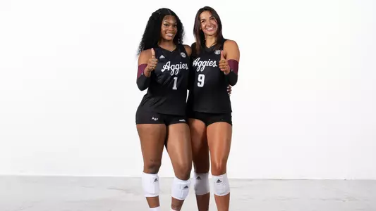 COLLEGE STATION, TX - July 22, 2024 - Middle Blocker Ifenna Cos-Okpalla #1 of the Texas A&M Aggies and Opposite Hitter Logan Lednicky #9 of the Texas A&M Aggies during Texas A&M Aggies Volleyball photo day in College Station, TX. Photo By Evan Pilat/Texas A&M Athletics