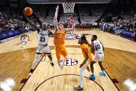 COLLEGE STATION, TX - February 10, 2024 - Guard Tyrece Radford #23 of the Texas A&M Aggies during the game between the Tennessee Volunteers and the Texas A&M Aggies at Reed Arena in College Station, TX. Photo By Evan Pilat/Texas A&M Athletics