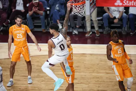 COLLEGE STATION, TX - February 10, 2024 - Guard Jace Carter #0 of the Texas A&M Aggies during the game between the Tennessee Volunteers and the Texas A&M Aggies at Reed Arena in College Station, TX. Photo By Wesley Bowers/Texas A&M Athletics