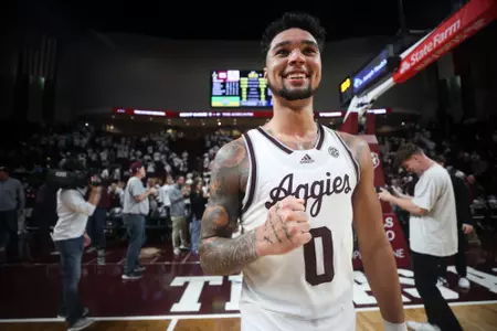 COLLEGE STATION, TX - February 10, 2024 - Guard Jace Carter #0 of the Texas A&M Aggies during the game between the Tennessee Volunteers and the Texas A&M Aggies at Reed Arena in College Station, TX. Photo By Wesley Bowers/Texas A&M Athletics