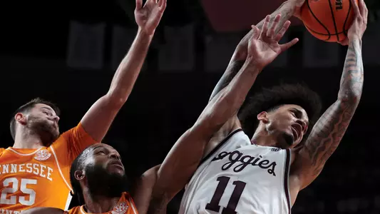 COLLEGE STATION, TX - February 10, 2024 - Forward Andersson Garcia #11 of the Texas A&M Aggies during the game between the Tennessee Volunteers and the Texas A&M Aggies at Reed Arena in College Station, TX. Photo By Craig Bisacre/Texas A&M Athletics