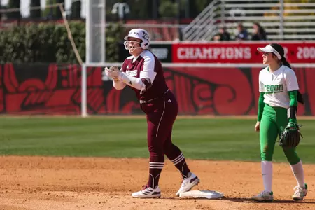 San Diego, CA - February 16, 2024 - Aiyana Coleman #17 of the Texas A&M Aggies during the game between the Oregon Ducks and the Texas A&M Aggies at SDSU Softball Stadium in San Diego, CA. Photo By Evan Pilat