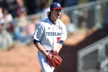 COLLEGE STATION, TX - February 18, 2024 - Pitcher Shane Sdao #38 of the Texas A&M Aggies during the game between the McNeese St. Cowboys and the Texas A&M Aggies at Blue Bell Park in College Station, TX. Photo By Wesley Bowers/Texas A&M Athletics