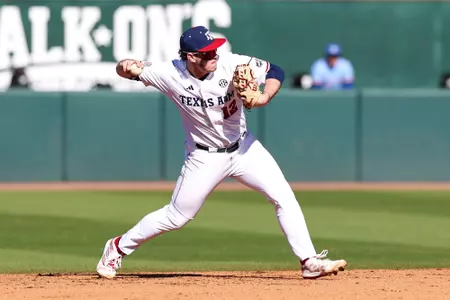 COLLEGE STATION, TX - February 18, 2024 - Infielder Ryan Targac #12 of the Texas A&M Aggies during the game between the McNeese St. Cowboys and the Texas A&M Aggies at Blue Bell Park in College Station, TX. Photo By Sydney Morriss/Texas A&M Athletics
