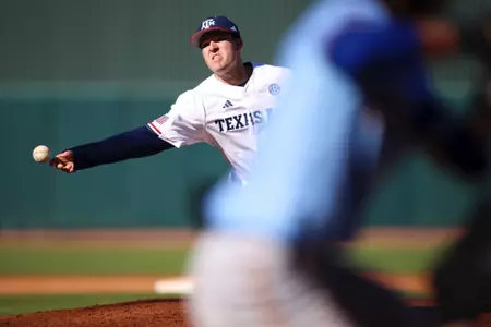 COLLEGE STATION, TX - February 18, 2024 - Pitcher Brock Peery #88 of the Texas A&M Aggies during the game between the McNeese St. Cowboys and the Texas A&M Aggies at Blue Bell Park in College Station, TX. Photo By Wesley Bowers/Texas A&M Athletics