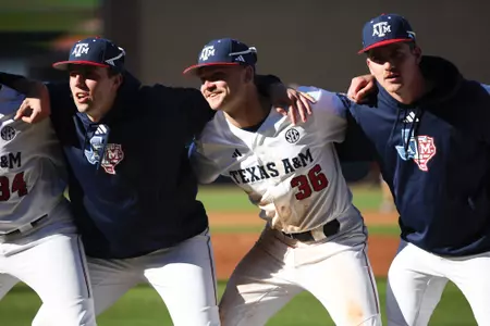 COLLEGE STATION, TX - February 18, 2024 - Pitcher Jett Johnston #36 of the Texas A&M Aggies during the game between the McNeese St. Cowboys and the Texas A&M Aggies at Blue Bell Park in College Station, TX. Photo By Sydney Morriss/Texas A&M Athletics