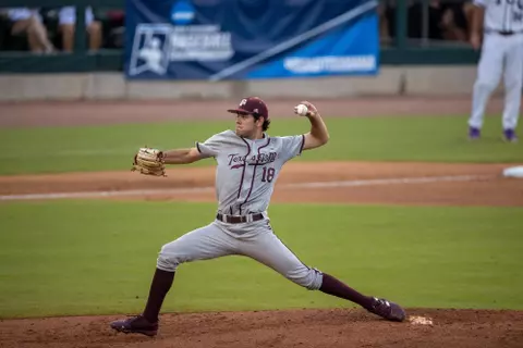 COLLEGE STATION, TX - June 05, 2022 - Pitcher Ryan Prager #18 of the Texas A&M Aggies during the Baseball the NCAA Regional game between the TCU Horned Frogs and the Texas A&M Aggies at Blue Bell Park in College Station, TX. Photo By Craig Bisacre/Texas A&M Athletics