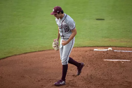 COLLEGE STATION, TX - June 05, 2022 - Pitcher Ryan Prager #18 of the Texas A&M Aggies celebrates during the Baseball the NCAA Regional game between the TCU Horned Frogs and the Texas A&M Aggies at Blue Bell Park in College Station, TX. Photo By Craig Bisacre/Texas A&M Athletics