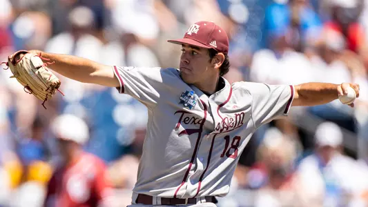 OMAHA, NE - June 19, 2022 - Pitcher Ryan Prager #18 of the Texas A&M Aggies during the NCAA Baseball College World Series game between the Oklahoma Sooners and the Texas A&M Aggies at Charles Schwab Field in Omaha, NE. Photo By Kate Luffman/Texas A&M Athletics