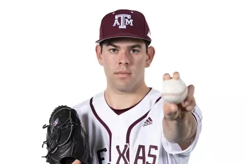 COLLEGE STATION, TX - January 11, 2024 -  Pitcher Ryan Prager #18 of the Texas A&M Aggies during Baseball Photo Day in College Station, TX. Photo By Craig Bisacre/Texas A&M Athletics