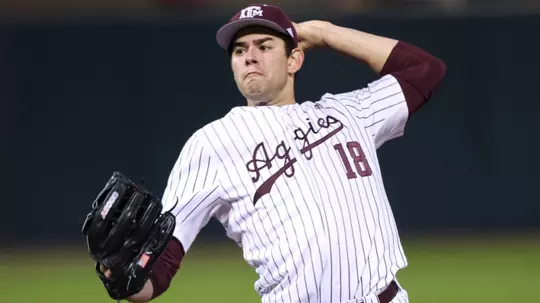 COLLEGE STATION, TX - February 16, 2024 - Pitcher Ryan Prager #18 of the Texas A&M Aggies during the game between the McNeese St. Cowboys and the Texas A&M Aggies at Blue Bell Park in College Station, TX. Photo By Ethan Mito/Texas A&M Athletics