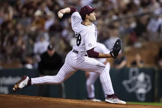 COLLEGE STATION, TX - February 16, 2024 - Pitcher Ryan Prager #18 of the Texas A&M Aggies during the game between the McNeese St. Cowboys and the Texas A&M Aggies at Blue Bell Park in College Station, TX. Photo By Rachel Mahan/Texas A&M Athletics