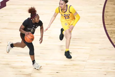 COLLEGE STATION, TX - February 19, 2024 - Guard Kay Kay Green #4 of the Texas A&M Aggies during the game between the LSU Tigers and the Texas A&M Aggies at Reed Arena in College Station, TX. Photo By Aiden Shertzer/Texas A&M Athletics