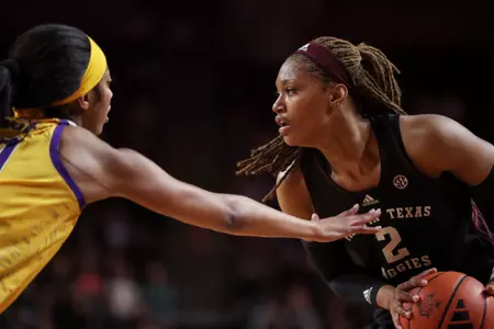 COLLEGE STATION, TX - February 19, 2024 - Forward Janiah Barker #2 of the Texas A&M Aggies during the game between the LSU Tigers and the Texas A&M Aggies at Reed Arena in College Station, TX. Photo By Craig Bisacre/Texas A&M Athletics