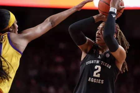 COLLEGE STATION, TX - February 19, 2024 - Forward Janiah Barker #2 of the Texas A&M Aggies during the game between the LSU Tigers and the Texas A&M Aggies at Reed Arena in College Station, TX. Photo By Craig Bisacre/Texas A&M Athletics
